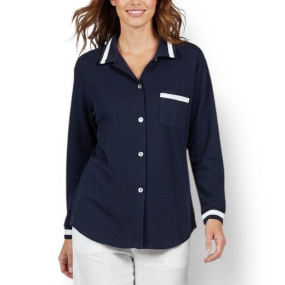 4/$20 Vintage Cindy Bai Navy Button-Front Blouse Medium White Trim Collar Pocket